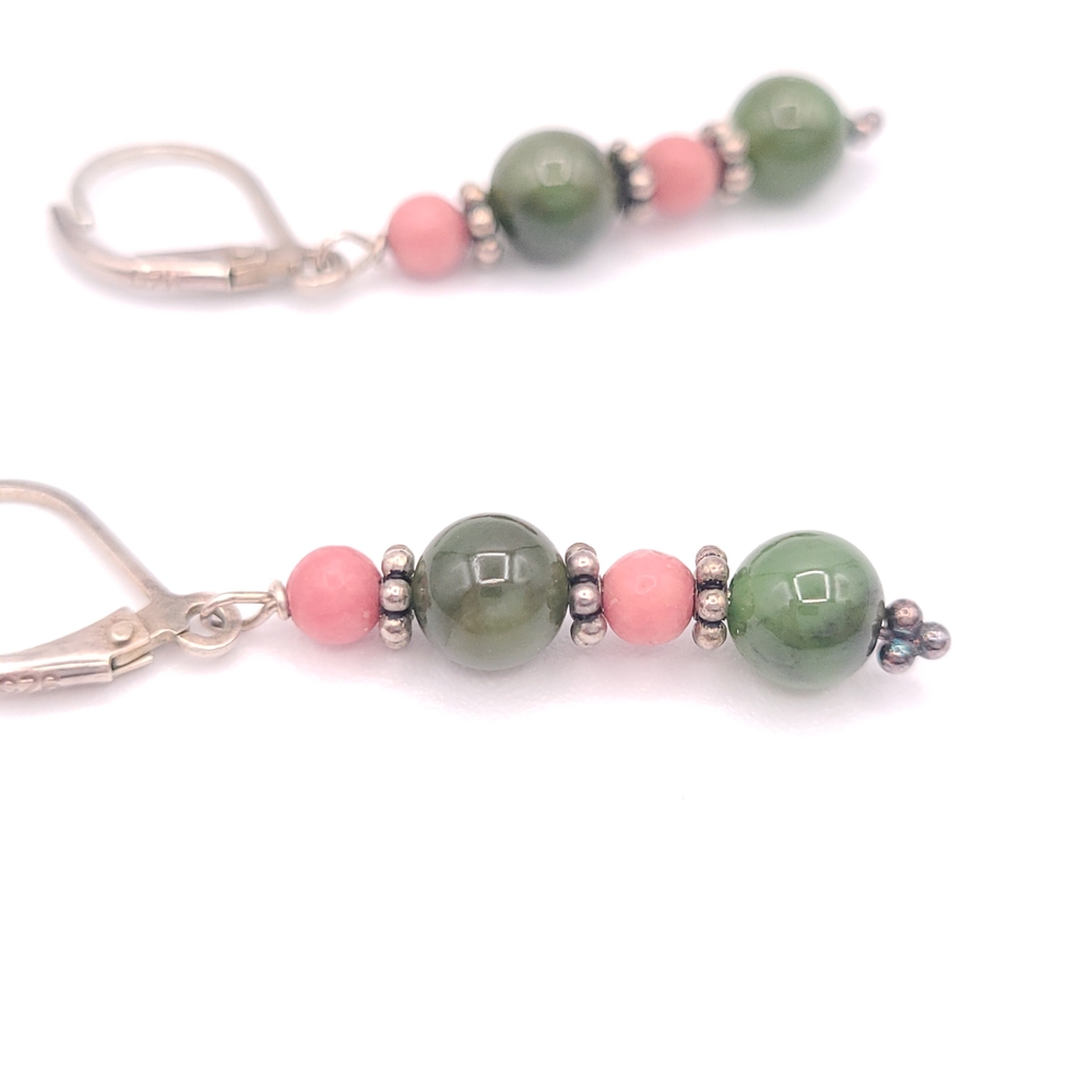 Sterling Silver 925 Green & Pink Beaded Drop Earrings | Gemstone Style